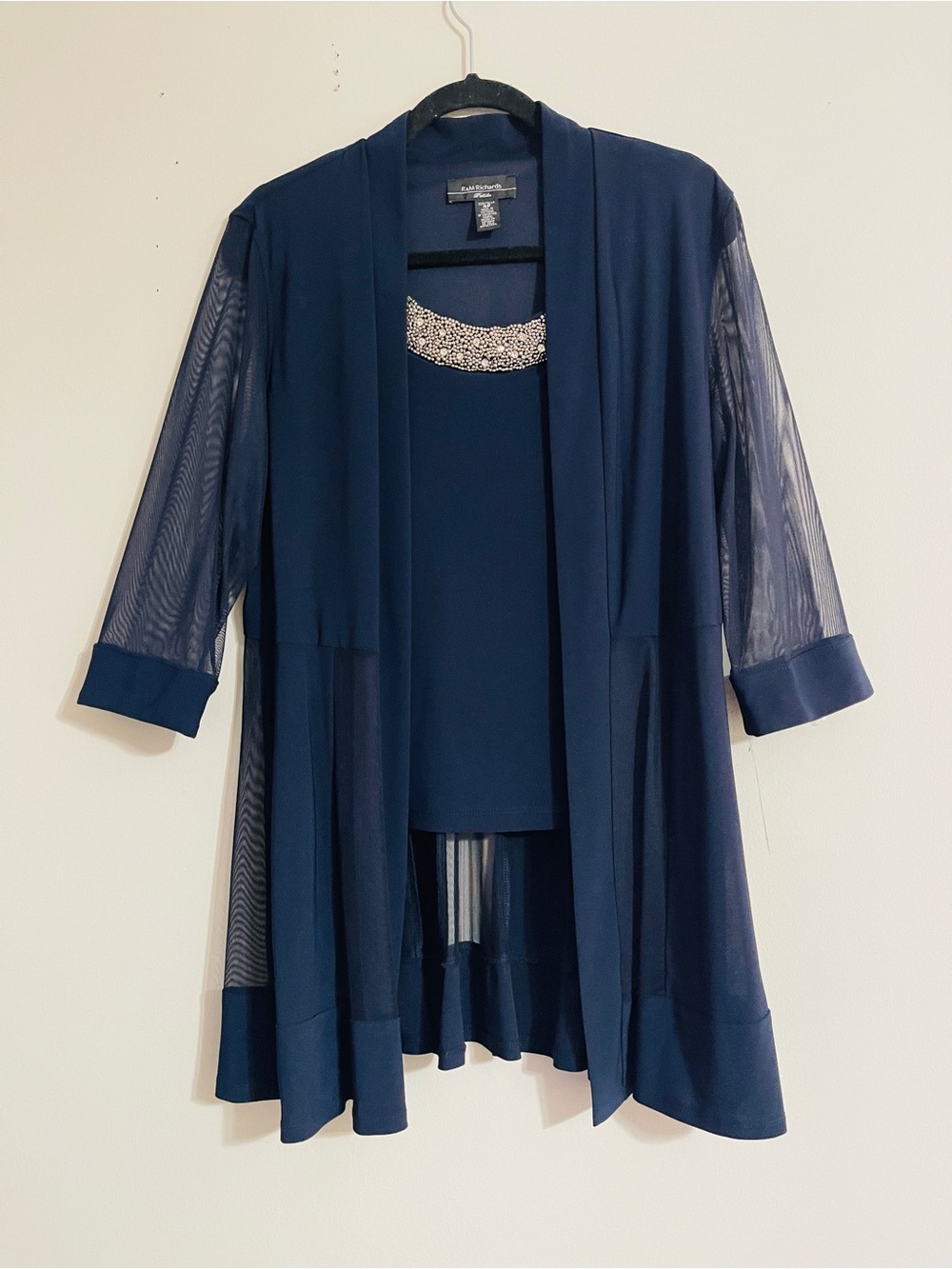 R&M Richards Navy Blue Sheer Formal 2 PC Top Set Embellished Neck Wedding MOB 4P